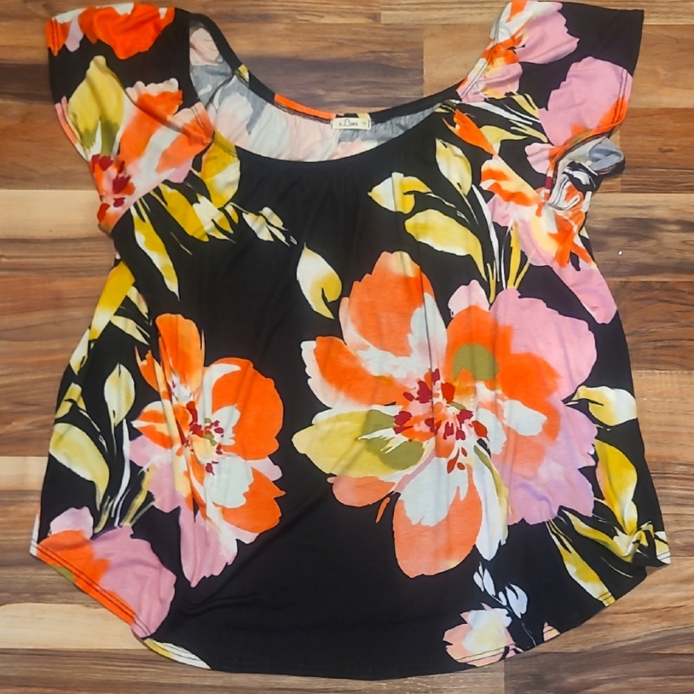 Floral Black Top with Orange and Pink Accents Off Athw Shoulder